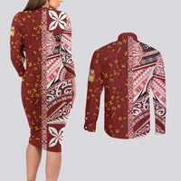 Tonga Language Week Couples Matching Long Sleeve Bodycon Dress and Long Sleeve Button Shirt Ngatu Pattern and Tongan Alphabet LT03 - Polynesian Pride