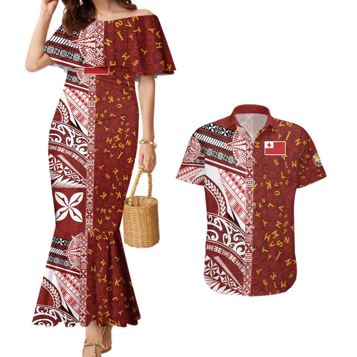 Tonga Language Week Couples Matching Mermaid Dress and Hawaiian Shirt Ngatu Pattern and Tongan Alphabet LT03 Red - Polynesian Pride