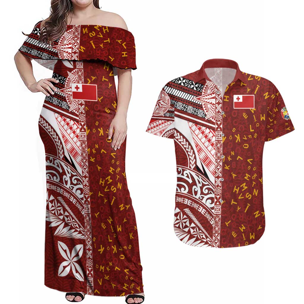 Tonga Language Week Couples Matching Off Shoulder Maxi Dress and Hawaiian Shirt Ngatu Pattern and Tongan Alphabet LT03 Red - Polynesian Pride