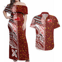 Tonga Language Week Couples Matching Off Shoulder Maxi Dress and Hawaiian Shirt Ngatu Pattern and Tongan Alphabet LT03 Red - Polynesian Pride