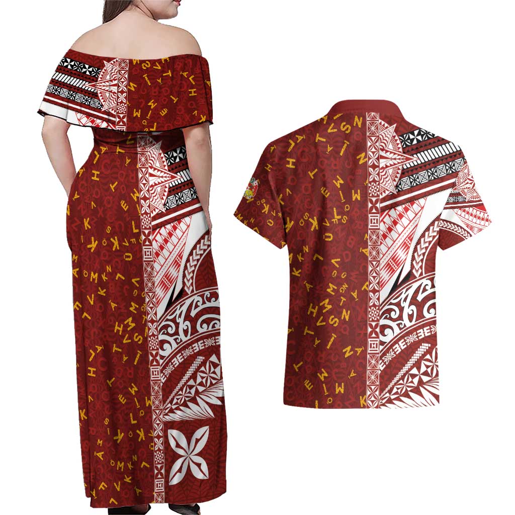 Tonga Language Week Couples Matching Off Shoulder Maxi Dress and Hawaiian Shirt Ngatu Pattern and Tongan Alphabet LT03 - Polynesian Pride