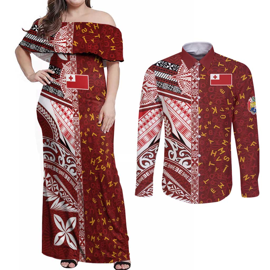Tonga Language Week Couples Matching Off Shoulder Maxi Dress and Long Sleeve Button Shirt Ngatu Pattern and Tongan Alphabet LT03 Red - Polynesian Pride