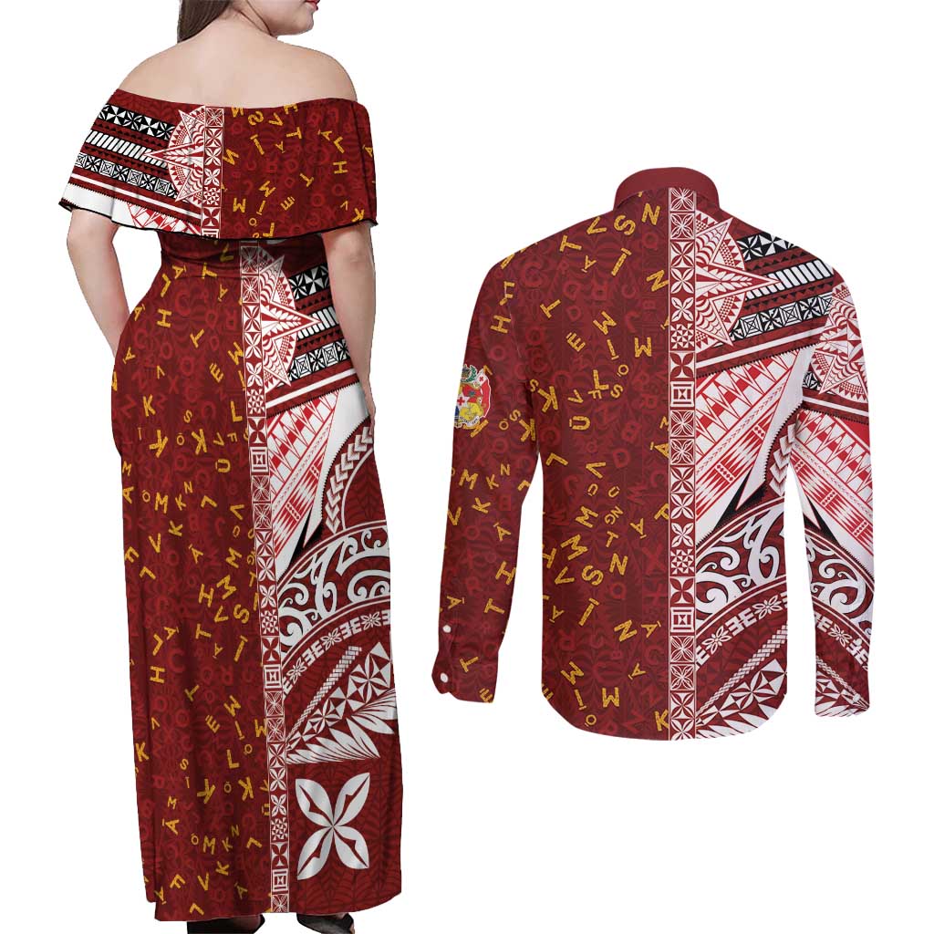 Tonga Language Week Couples Matching Off Shoulder Maxi Dress and Long Sleeve Button Shirt Ngatu Pattern and Tongan Alphabet LT03 - Polynesian Pride