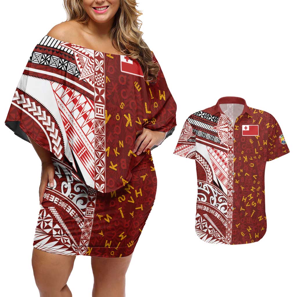 Tonga Language Week Couples Matching Off Shoulder Short Dress and Hawaiian Shirt Ngatu Pattern and Tongan Alphabet LT03 Red - Polynesian Pride