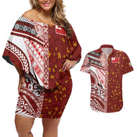Tonga Language Week Couples Matching Off Shoulder Short Dress and Hawaiian Shirt Ngatu Pattern and Tongan Alphabet LT03 Red - Polynesian Pride