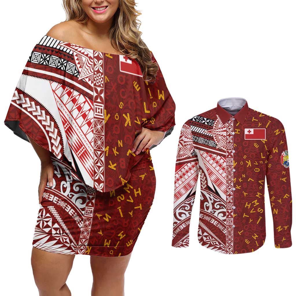 Tonga Language Week Couples Matching Off Shoulder Short Dress and Long Sleeve Button Shirt Ngatu Pattern and Tongan Alphabet LT03 Red - Polynesian Pride