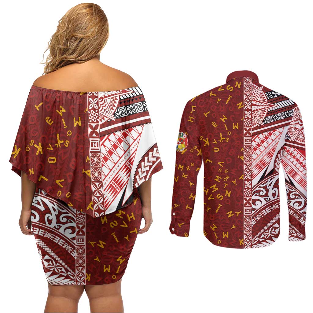 Tonga Language Week Couples Matching Off Shoulder Short Dress and Long Sleeve Button Shirt Ngatu Pattern and Tongan Alphabet LT03 - Polynesian Pride