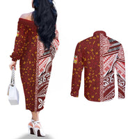 Tonga Language Week Couples Matching Off The Shoulder Long Sleeve Dress and Long Sleeve Button Shirt Ngatu Pattern and Tongan Alphabet LT03 - Polynesian Pride