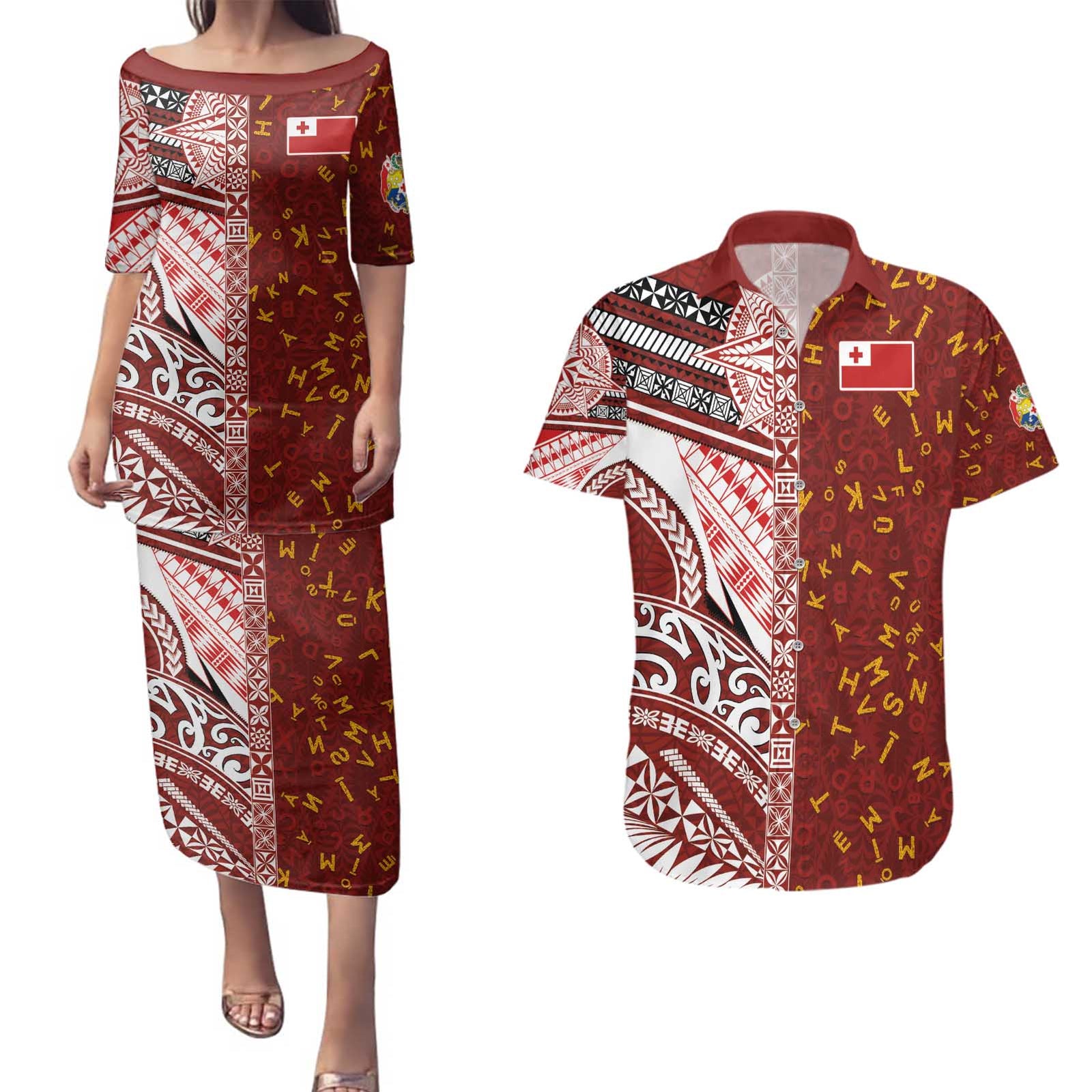 Tonga Language Week Couples Matching Puletasi and Hawaiian Shirt Ngatu Pattern and Tongan Alphabet LT03 Red - Polynesian Pride