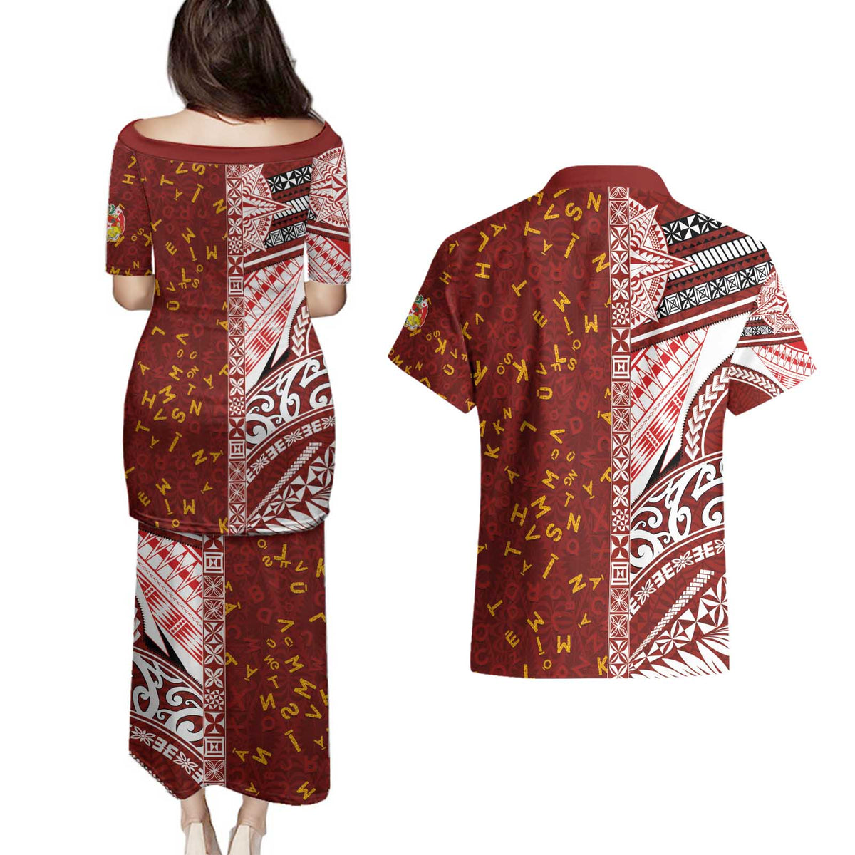 Tonga Language Week Couples Matching Puletasi and Hawaiian Shirt Ngatu Pattern and Tongan Alphabet LT03 - Polynesian Pride