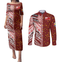 Tonga Language Week Couples Matching Puletasi and Long Sleeve Button Shirt Ngatu Pattern and Tongan Alphabet LT03 Red - Polynesian Pride