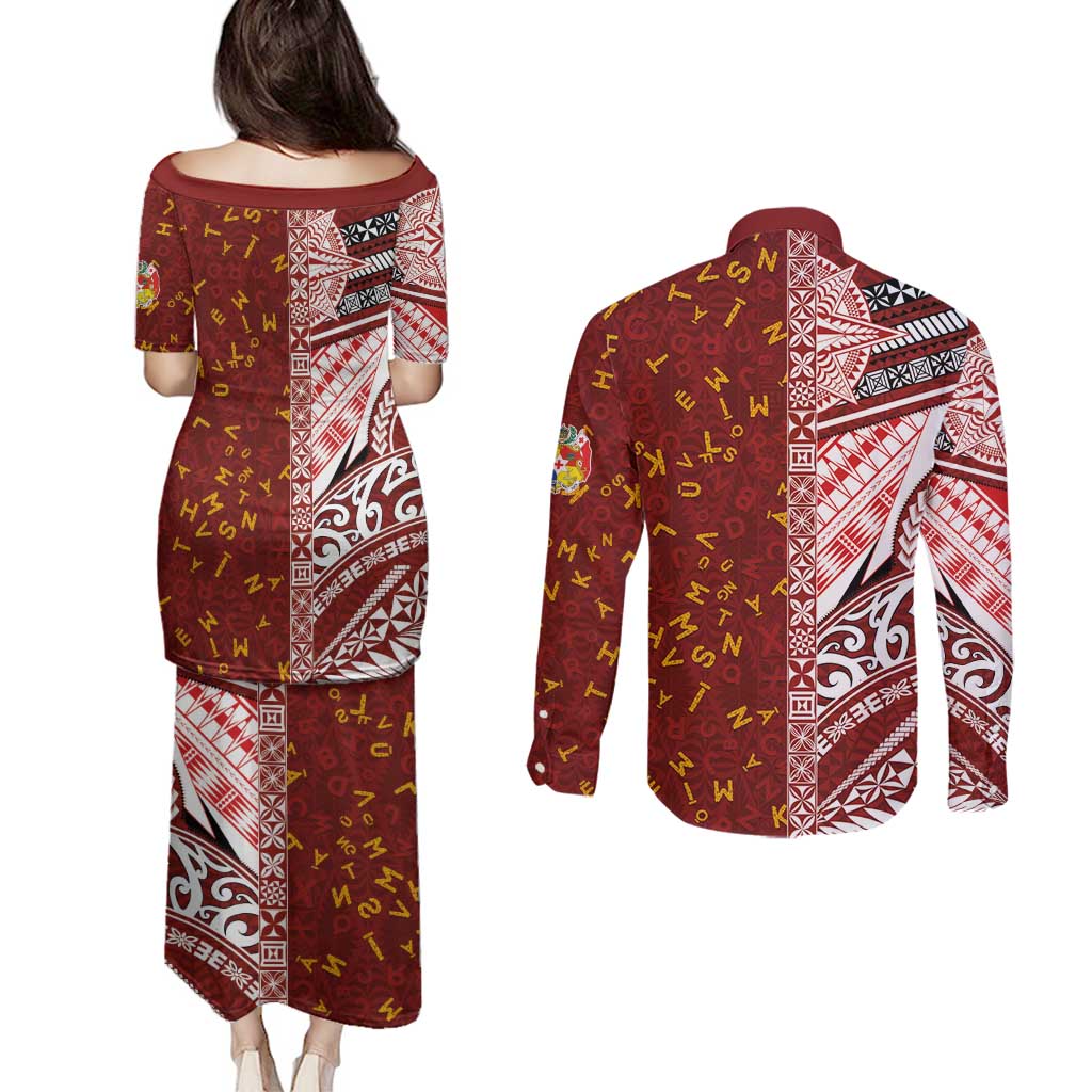 Tonga Language Week Couples Matching Puletasi and Long Sleeve Button Shirt Ngatu Pattern and Tongan Alphabet LT03 - Polynesian Pride