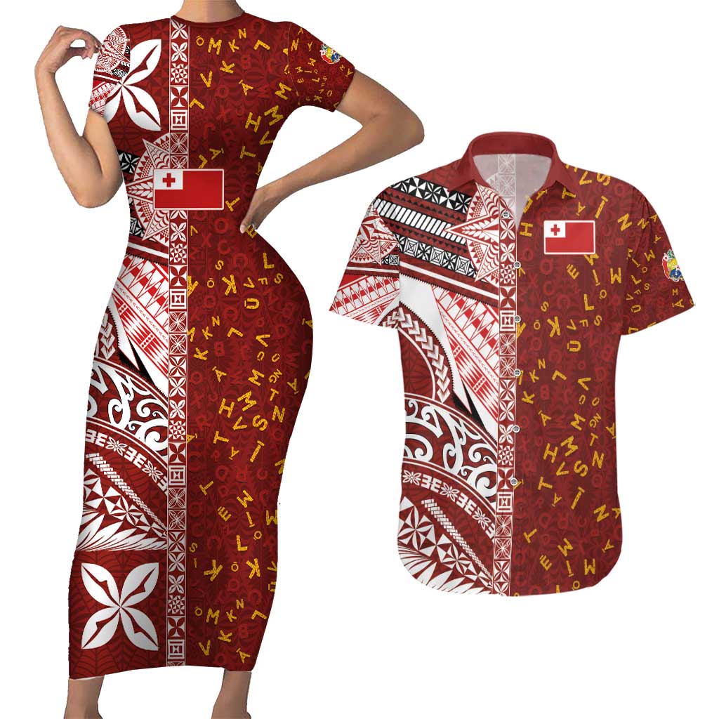 Tonga Language Week Couples Matching Short Sleeve Bodycon Dress and Hawaiian Shirt Ngatu Pattern and Tongan Alphabet LT03 Red - Polynesian Pride