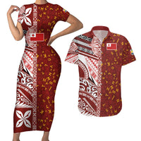 Tonga Language Week Couples Matching Short Sleeve Bodycon Dress and Hawaiian Shirt Ngatu Pattern and Tongan Alphabet LT03 Red - Polynesian Pride