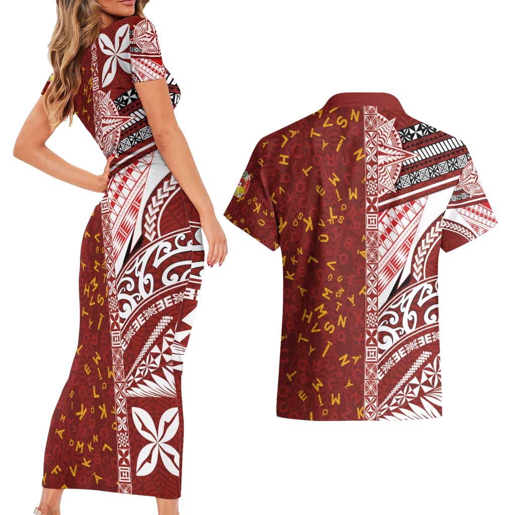 Tonga Language Week Couples Matching Short Sleeve Bodycon Dress and Hawaiian Shirt Ngatu Pattern and Tongan Alphabet LT03 - Polynesian Pride