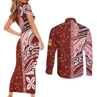Tonga Language Week Couples Matching Short Sleeve Bodycon Dress and Long Sleeve Button Shirt Ngatu Pattern and Tongan Alphabet LT03 - Polynesian Pride