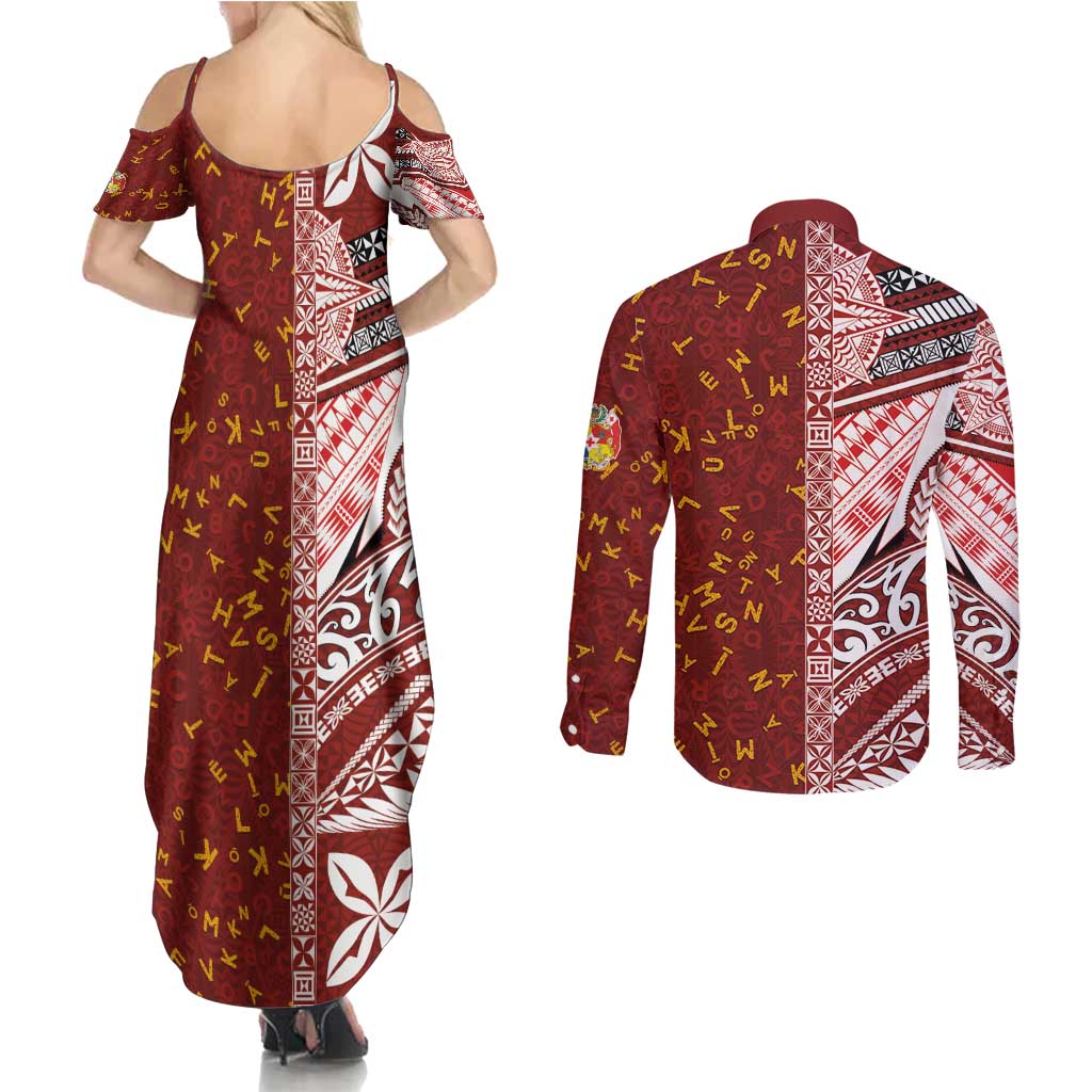 Tonga Language Week Couples Matching Summer Maxi Dress and Long Sleeve Button Shirt Ngatu Pattern and Tongan Alphabet LT03 - Polynesian Pride