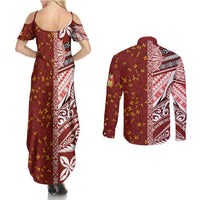Tonga Language Week Couples Matching Summer Maxi Dress and Long Sleeve Button Shirt Ngatu Pattern and Tongan Alphabet LT03 - Polynesian Pride
