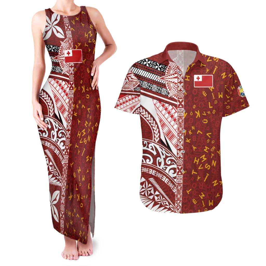 Tonga Language Week Couples Matching Tank Maxi Dress and Hawaiian Shirt Ngatu Pattern and Tongan Alphabet LT03 Red - Polynesian Pride