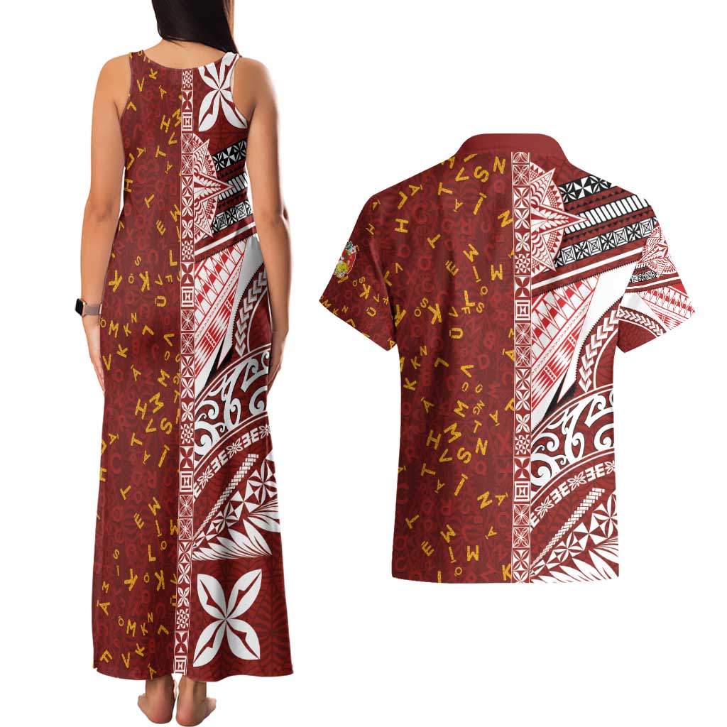 Tonga Language Week Couples Matching Tank Maxi Dress and Hawaiian Shirt Ngatu Pattern and Tongan Alphabet LT03 - Polynesian Pride