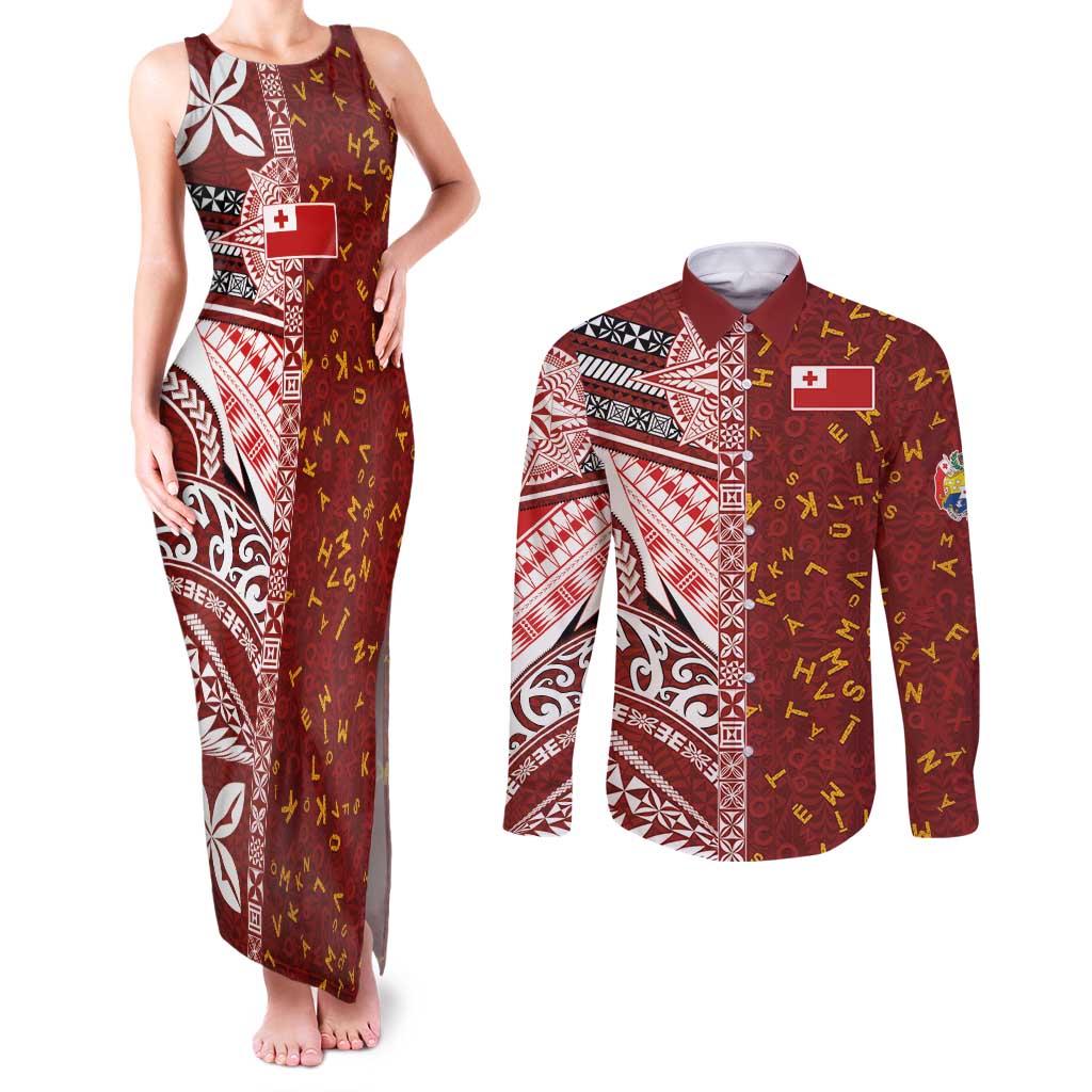 Tonga Language Week Couples Matching Tank Maxi Dress and Long Sleeve Button Shirt Ngatu Pattern and Tongan Alphabet LT03 Red - Polynesian Pride