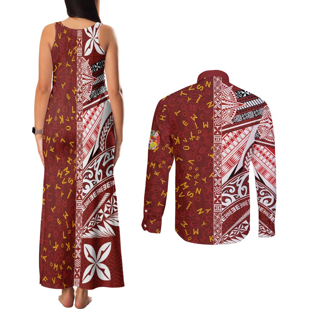 Tonga Language Week Couples Matching Tank Maxi Dress and Long Sleeve Button Shirt Ngatu Pattern and Tongan Alphabet LT03 - Polynesian Pride