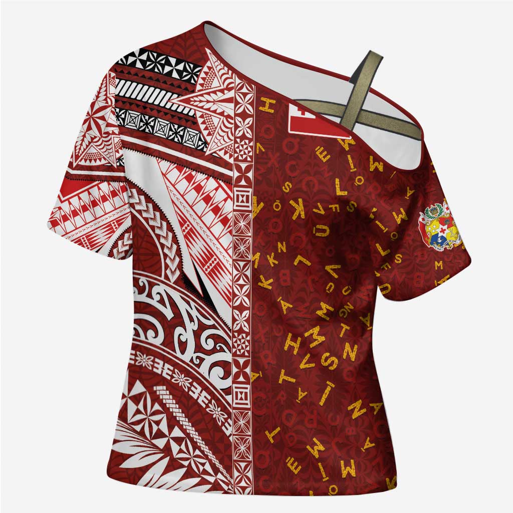 Tonga Language Week Cross Shoulder Shirt Ngatu Pattern and Tongan Alphabet LT03 Female Red - Polynesian Pride