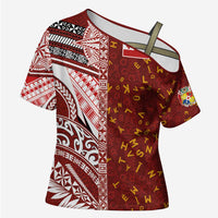 Tonga Language Week Cross Shoulder Shirt Ngatu Pattern and Tongan Alphabet LT03 Female Red - Polynesian Pride