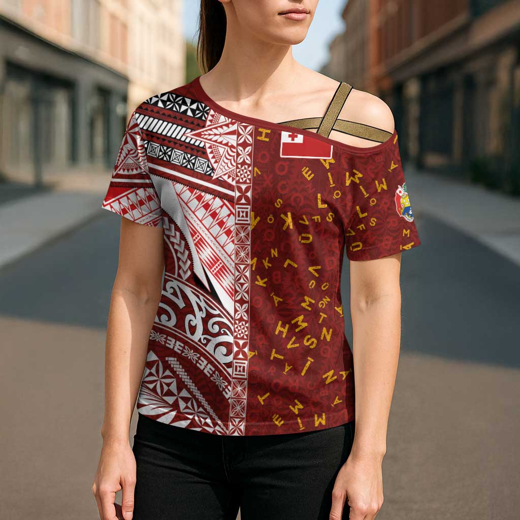 Tonga Language Week Cross Shoulder Shirt Ngatu Pattern and Tongan Alphabet LT03 - Polynesian Pride