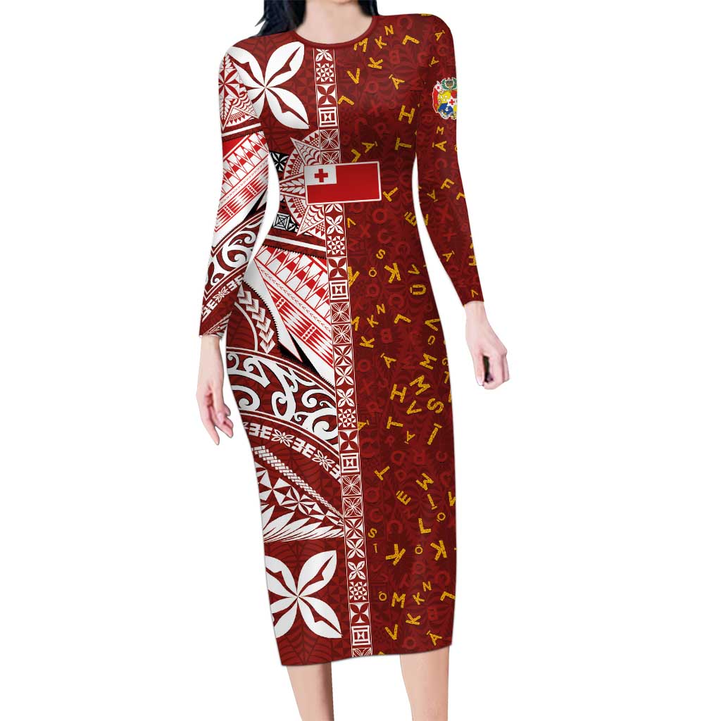 Tonga Language Week Family Matching Long Sleeve Bodycon Dress and Hawaiian Shirt Ngatu Pattern and Tongan Alphabet LT03 Mom's Dress Red - Polynesian Pride
