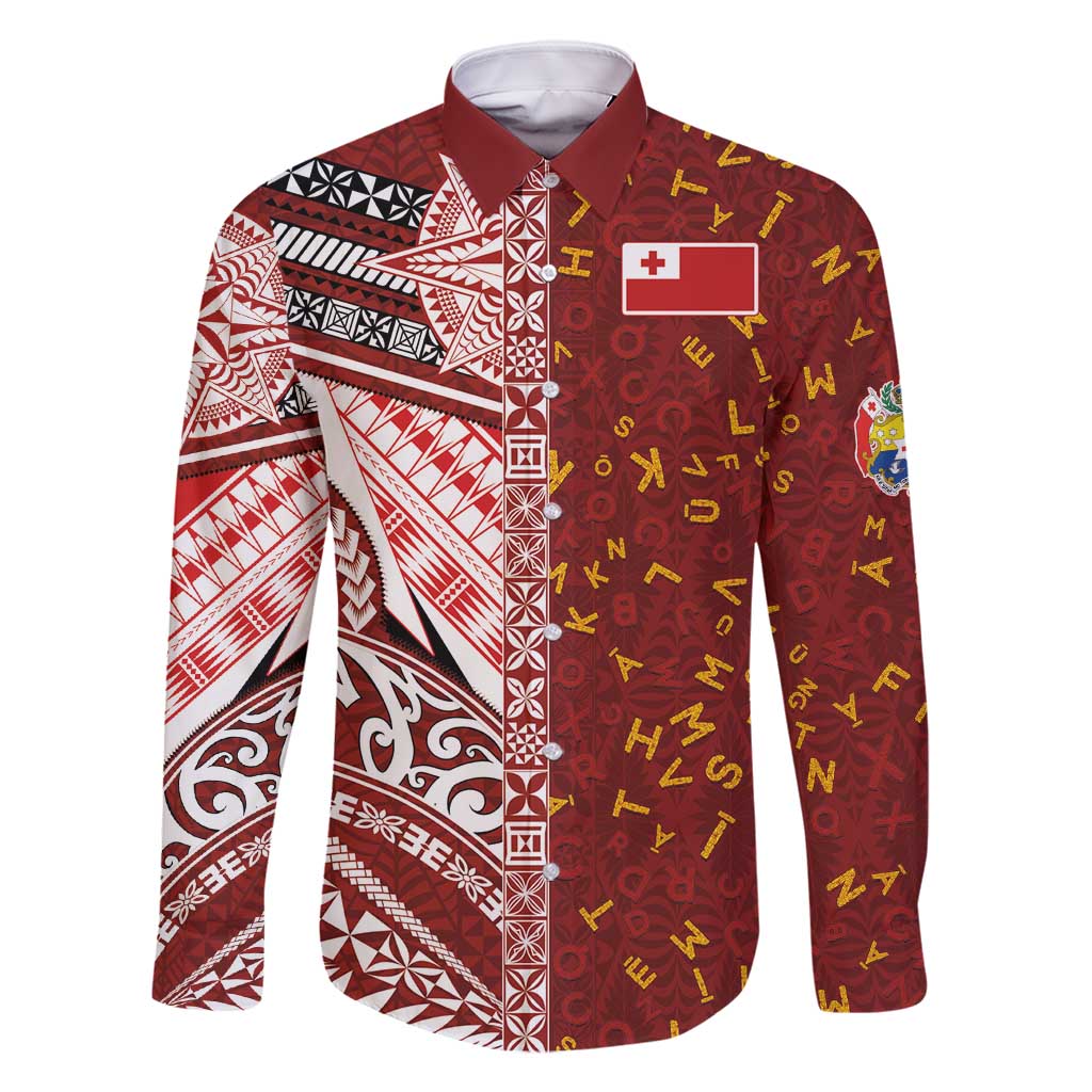 Tonga Language Week Family Matching Mermaid Dress and Hawaiian Shirt Ngatu Pattern and Tongan Alphabet LT03 Dad's Shirt - Long Sleeve Red - Polynesian Pride