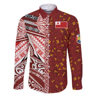 Tonga Language Week Family Matching Mermaid Dress and Hawaiian Shirt Ngatu Pattern and Tongan Alphabet LT03 Dad's Shirt - Long Sleeve Red - Polynesian Pride