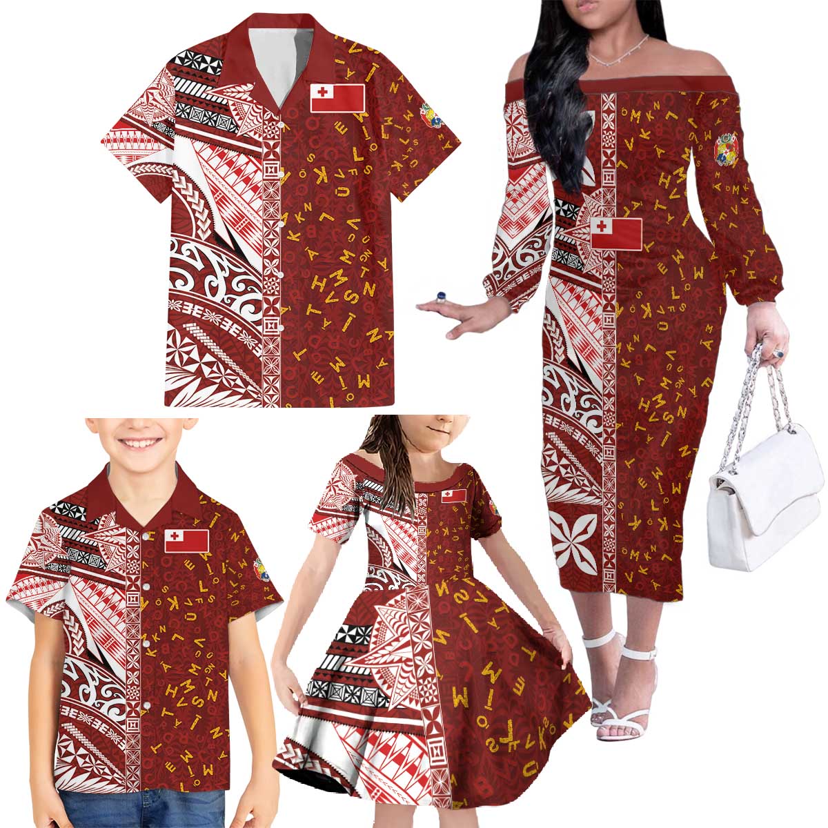 Tonga Language Week Family Matching Off The Shoulder Long Sleeve Dress and Hawaiian Shirt Ngatu Pattern and Tongan Alphabet LT03 - Polynesian Pride