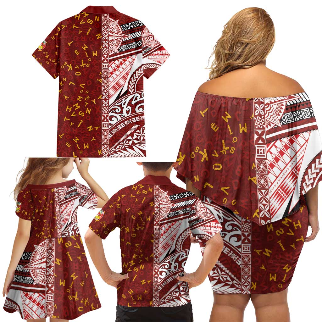 Tonga Language Week Family Matching Off Shoulder Short Dress and Hawaiian Shirt Ngatu Pattern and Tongan Alphabet - Polynesian Pride