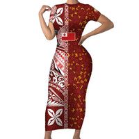 Tonga Language Week Family Matching Short Sleeve Bodycon Dress and Hawaiian Shirt Ngatu Pattern and Tongan Alphabet LT03 Mom's Dress Red - Polynesian Pride