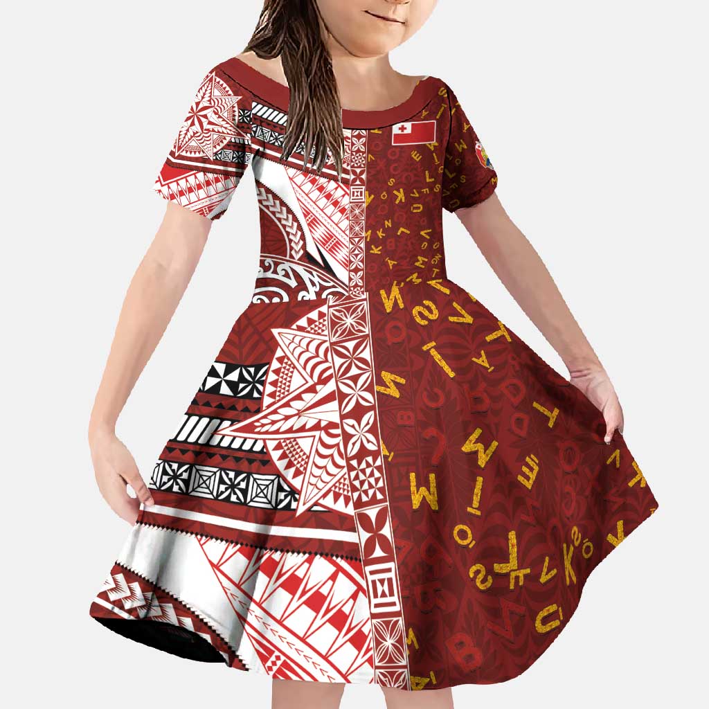 Tonga Language Week Family Matching Summer Maxi Dress and Hawaiian Shirt Ngatu Pattern and Tongan Alphabet LT03 Daughter's Dress Red - Polynesian Pride