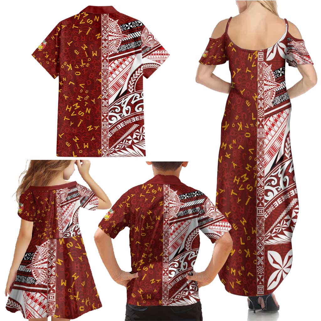 Tonga Language Week Family Matching Summer Maxi Dress and Hawaiian Shirt Ngatu Pattern and Tongan Alphabet LT03 - Polynesian Pride