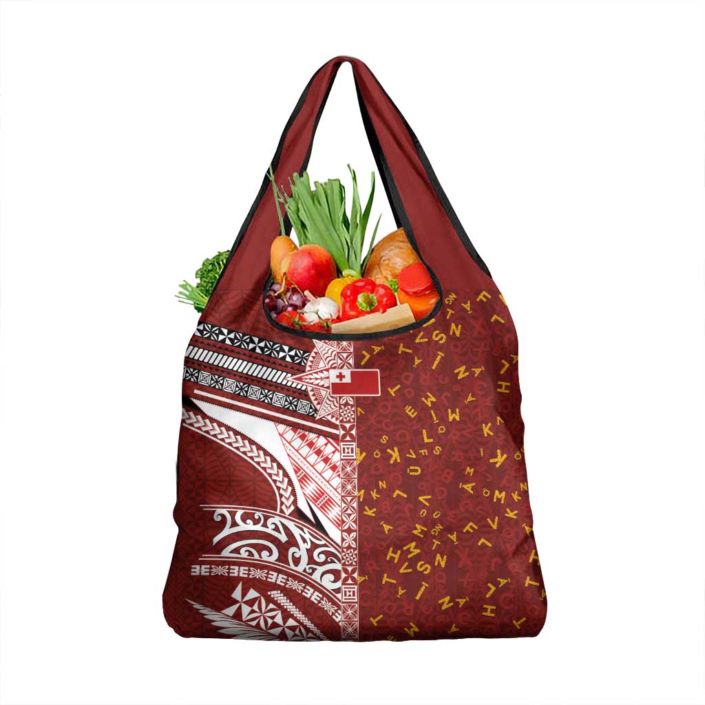 Tonga Language Week Grocery Bag Ngatu Pattern and Tongan Alphabet LT03 1-pack One Size Red - Polynesian Pride