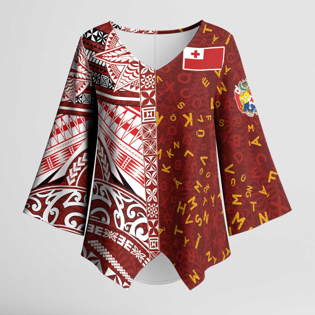 Tonga Language Week Kimono Sleeve Blouse Ngatu Pattern and Tongan Alphabet LT03 Female Red - Polynesian Pride