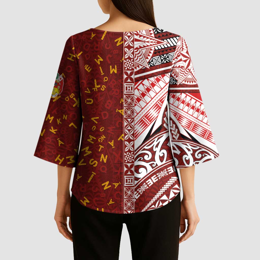 Tonga Language Week Kimono Sleeve Blouse Ngatu Pattern and Tongan Alphabet LT03 - Polynesian Pride