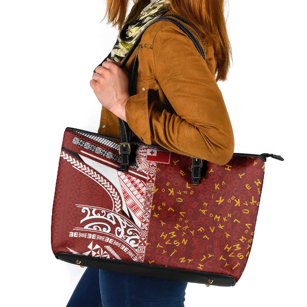 Tonga Language Week Leather Tote Bag Ngatu Pattern and Tongan Alphabet LT03 Red - Polynesian Pride