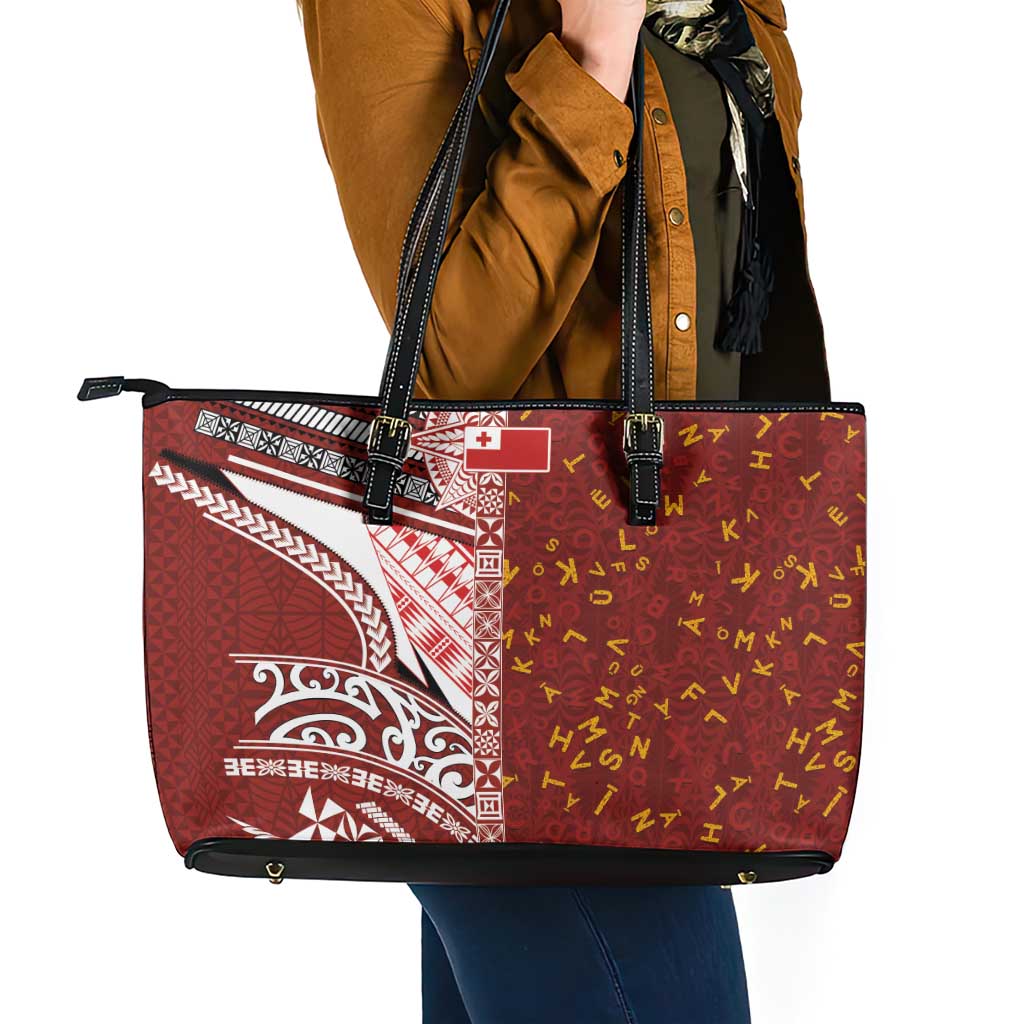 Tonga Language Week Leather Tote Bag Ngatu Pattern and Tongan Alphabet LT03 - Polynesian Pride