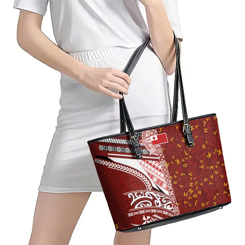Tonga Language Week Leather Tote Bag Ngatu Pattern and Tongan Alphabet LT03 - Polynesian Pride