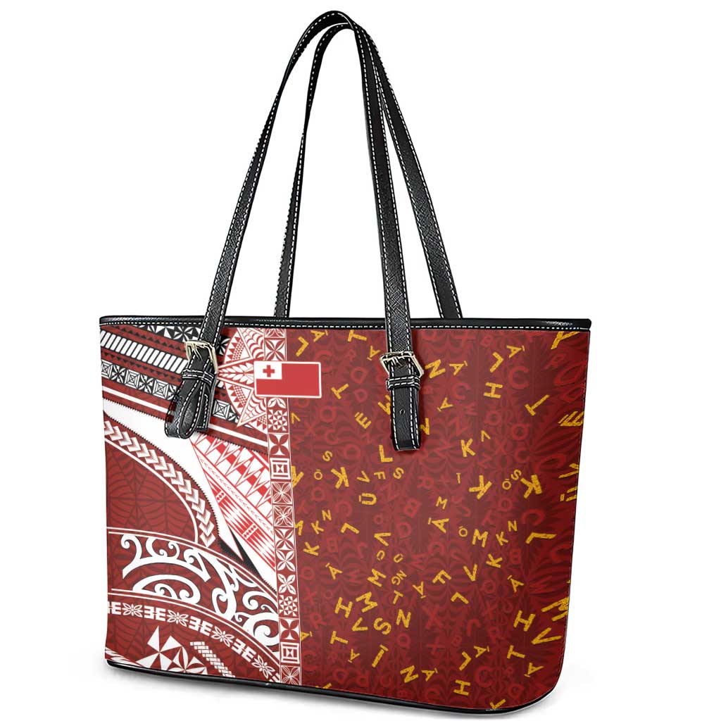 Tonga Language Week Leather Tote Bag Ngatu Pattern and Tongan Alphabet LT03 - Polynesian Pride