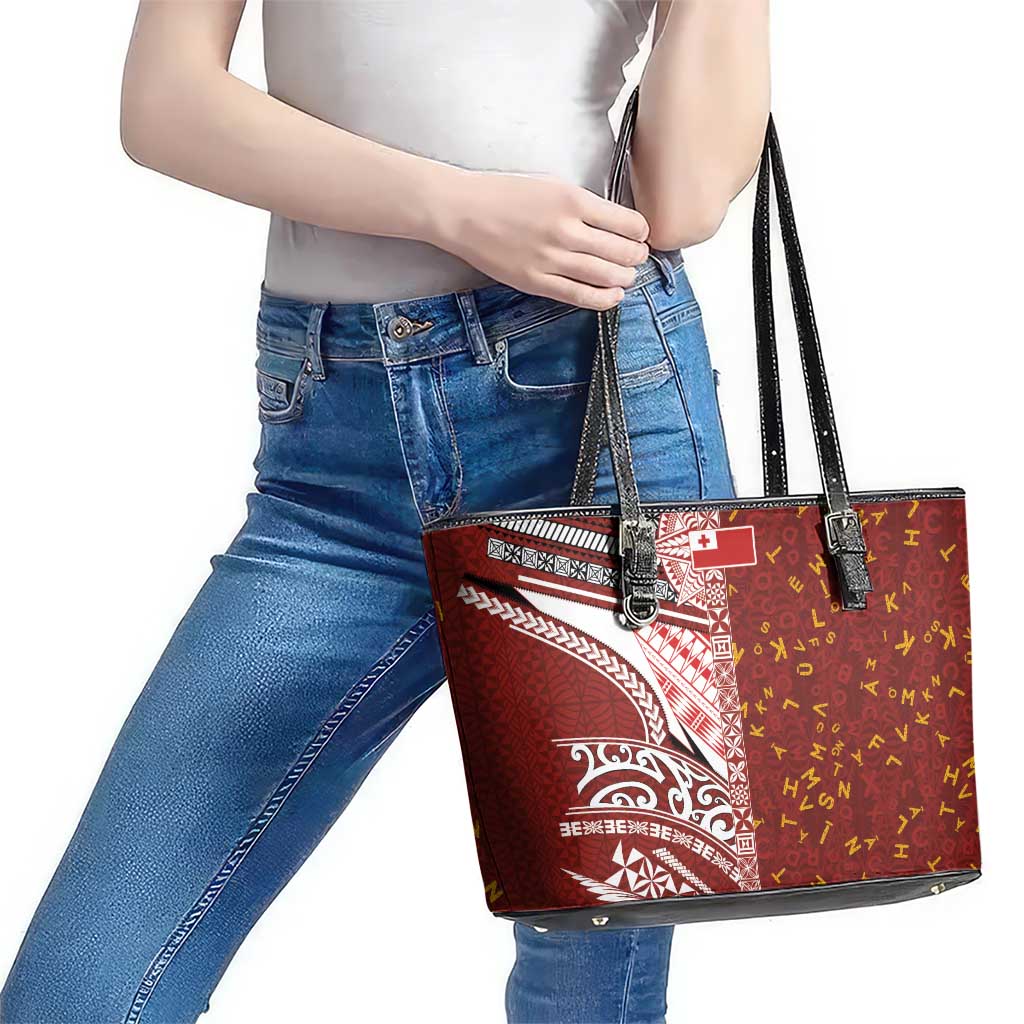 Tonga Language Week Leather Tote Bag Ngatu Pattern and Tongan Alphabet LT03 - Polynesian Pride