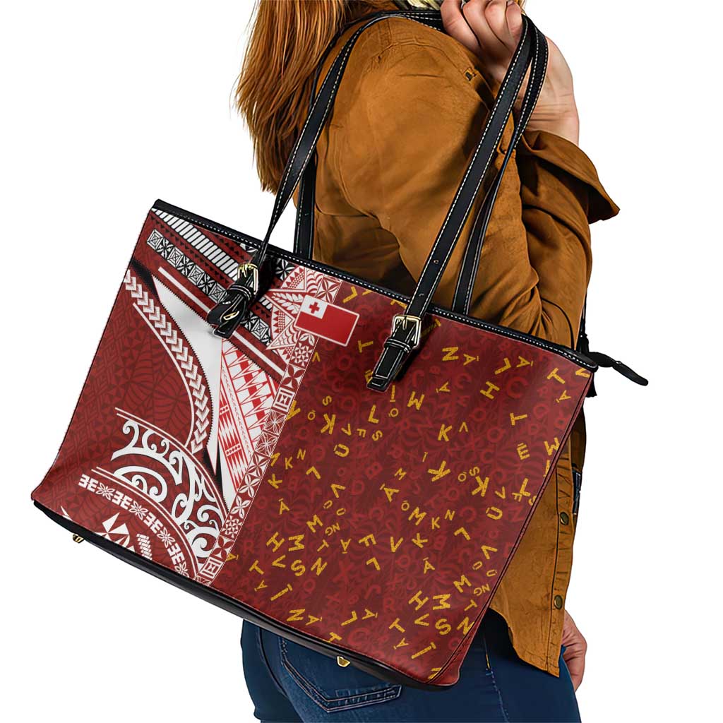 Tonga Language Week Leather Tote Bag Ngatu Pattern and Tongan Alphabet LT03 - Polynesian Pride