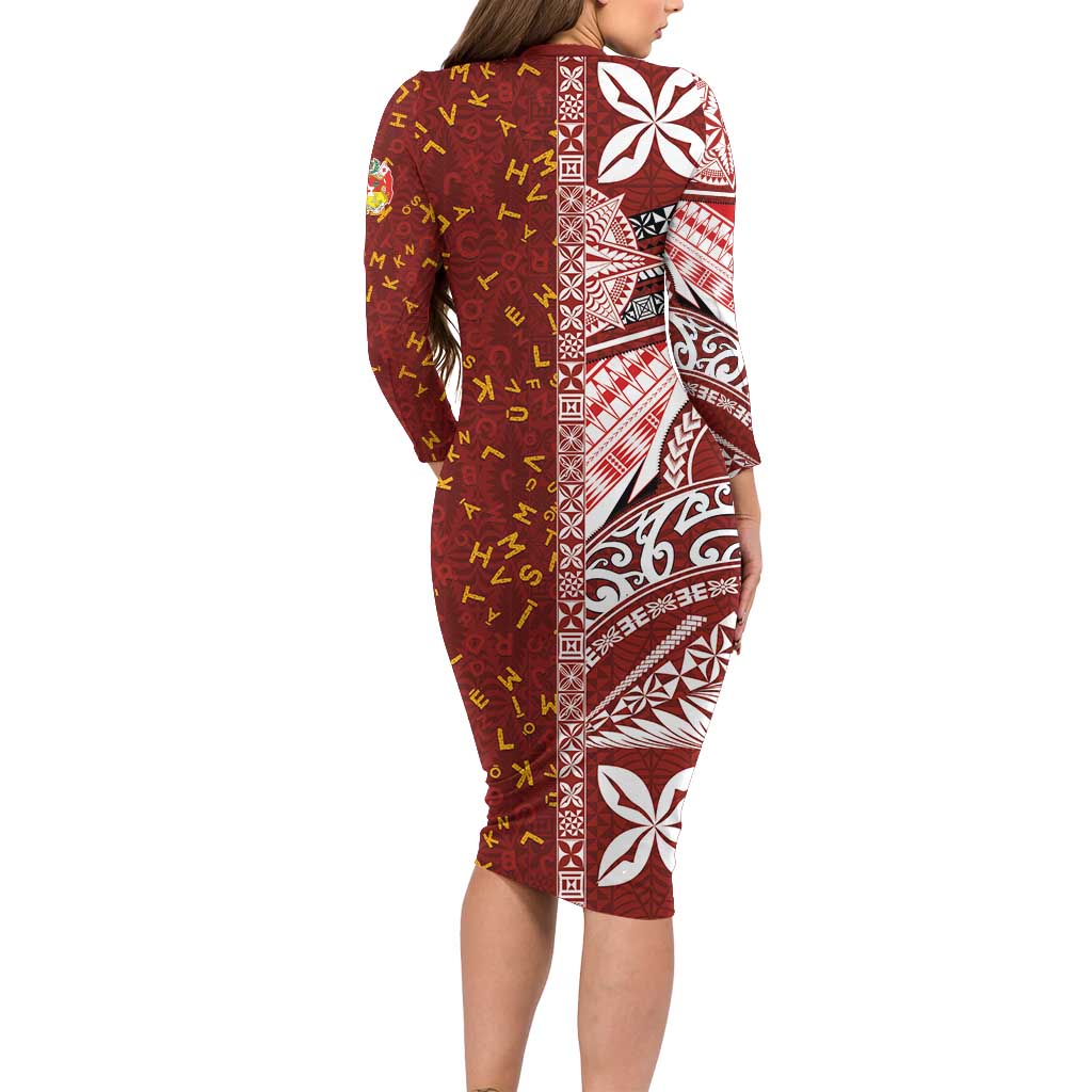 Tonga Language Week Long Sleeve Bodycon Dress Ngatu Pattern and Tongan Alphabet - Polynesian Pride