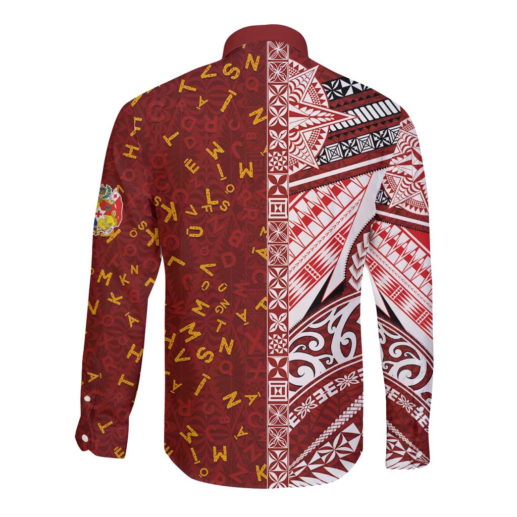 Tonga Language Week Long Sleeve Button Shirt Ngatu Pattern and Tongan Alphabet LT03 - Polynesian Pride