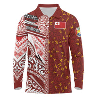 Tonga Language Week Long Sleeve Polo Shirt Ngatu Pattern and Tongan Alphabet LT03 Red - Polynesian Pride