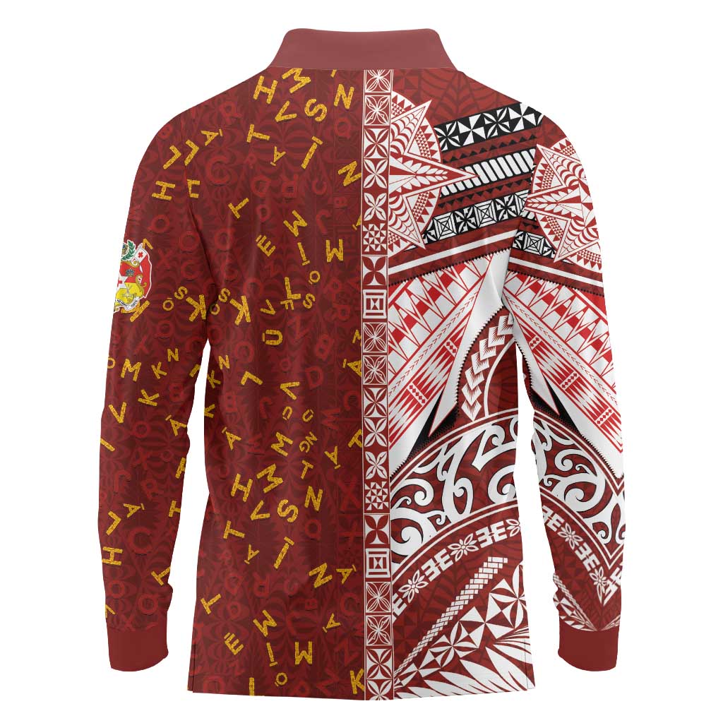 Tonga Language Week Long Sleeve Polo Shirt Ngatu Pattern and Tongan Alphabet LT03 - Polynesian Pride